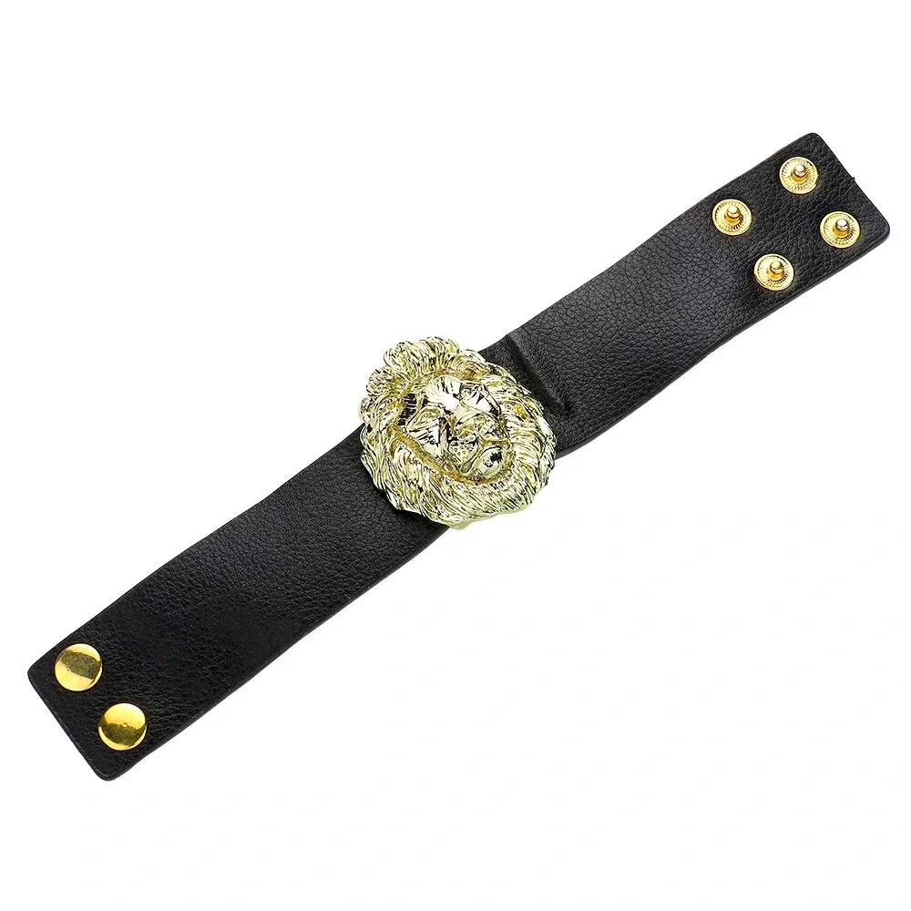 Gold Lion Accented Leather Snap Button Bracelet